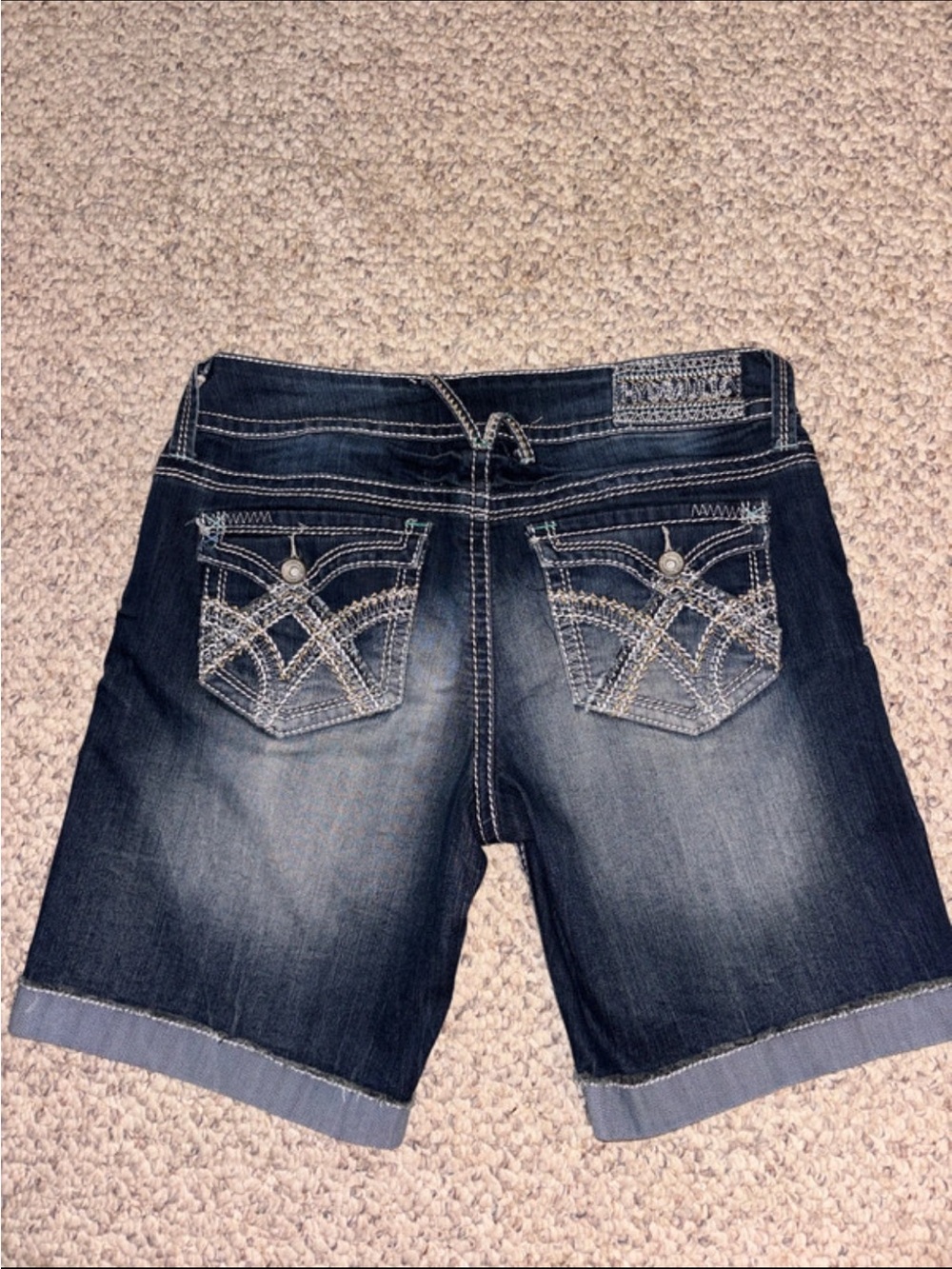 Hydraulic Faded Indigo Denim Bermuda Shorts with Embroidered Pockets